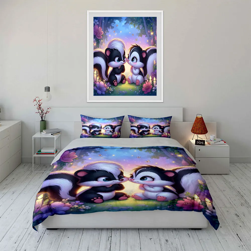 Two adorable skunks in romantic forest Printed Duvet Cover Set1 Duvet Cover+2 PillowcaseMulti Size Bedroom Bedding Decor view 4