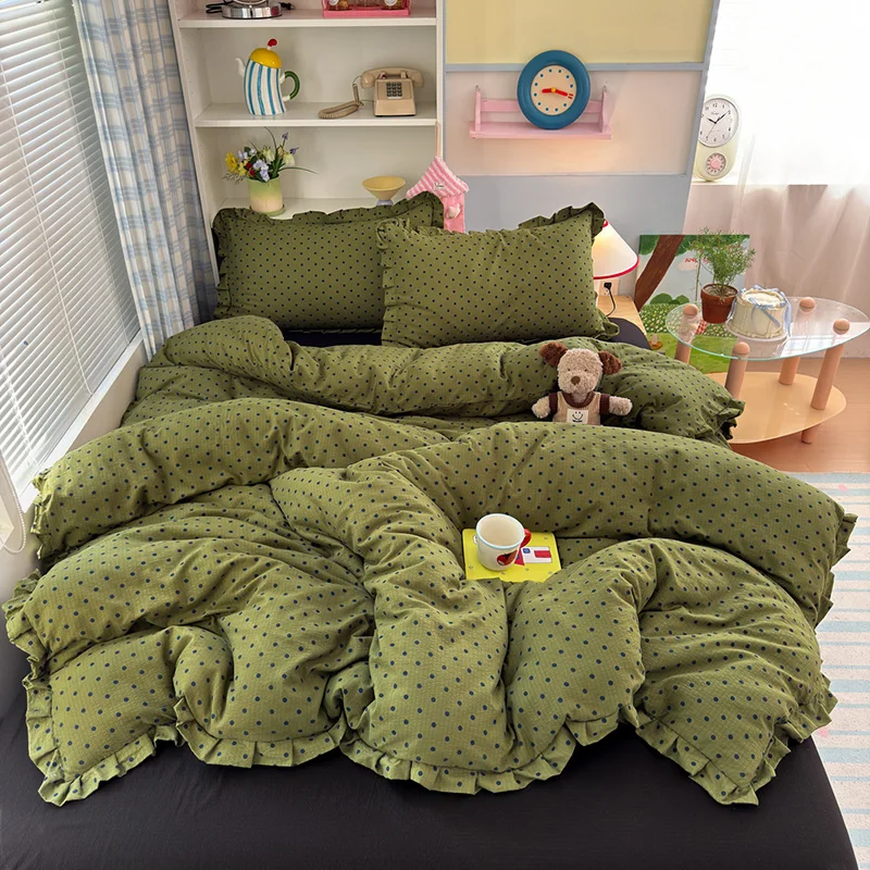 Polka Dots Style Bed Linen Set Skin-friendly Bedsheet Set Pillowcase 이불세트 Bedclothes With Ruffles Full/Queen Size Bedding Set