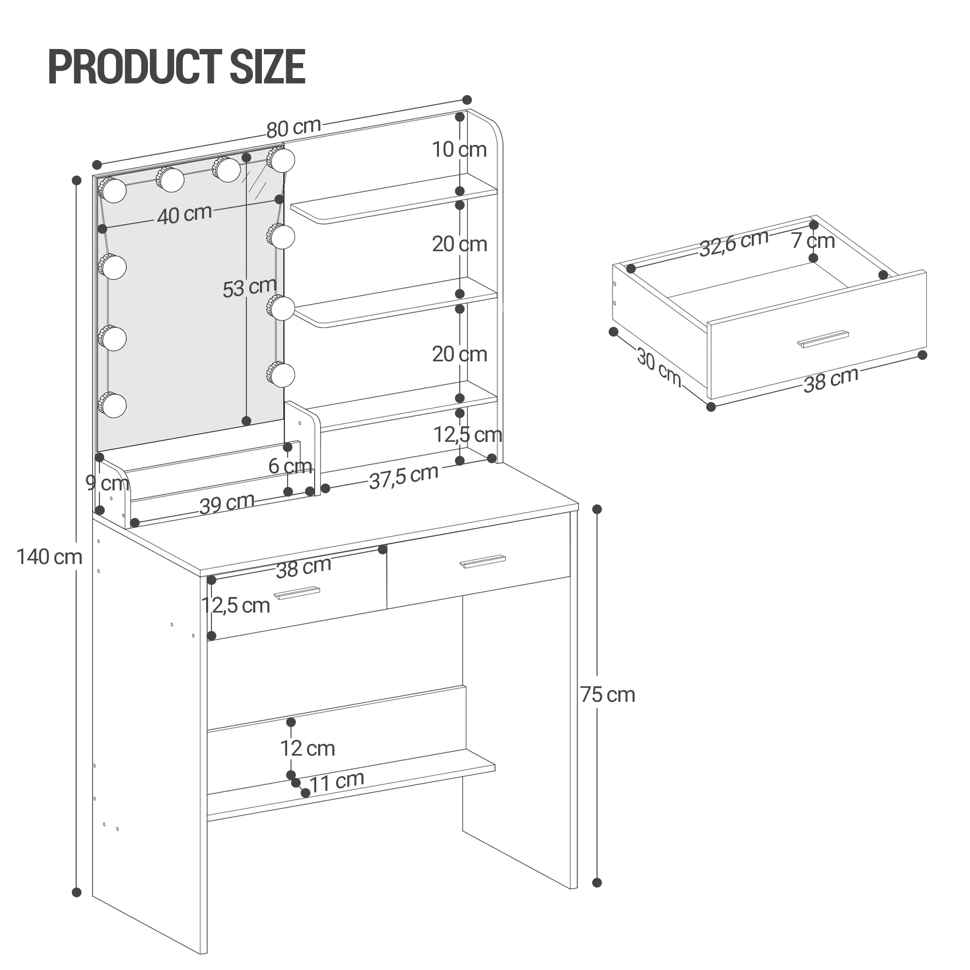 طاولة تزيين هزوانري مع إضاءة LED، سطوع قابل للتعديل، مع مرآة، خزانة ملابس مع درجين، 4 أرفف، مقصورتين