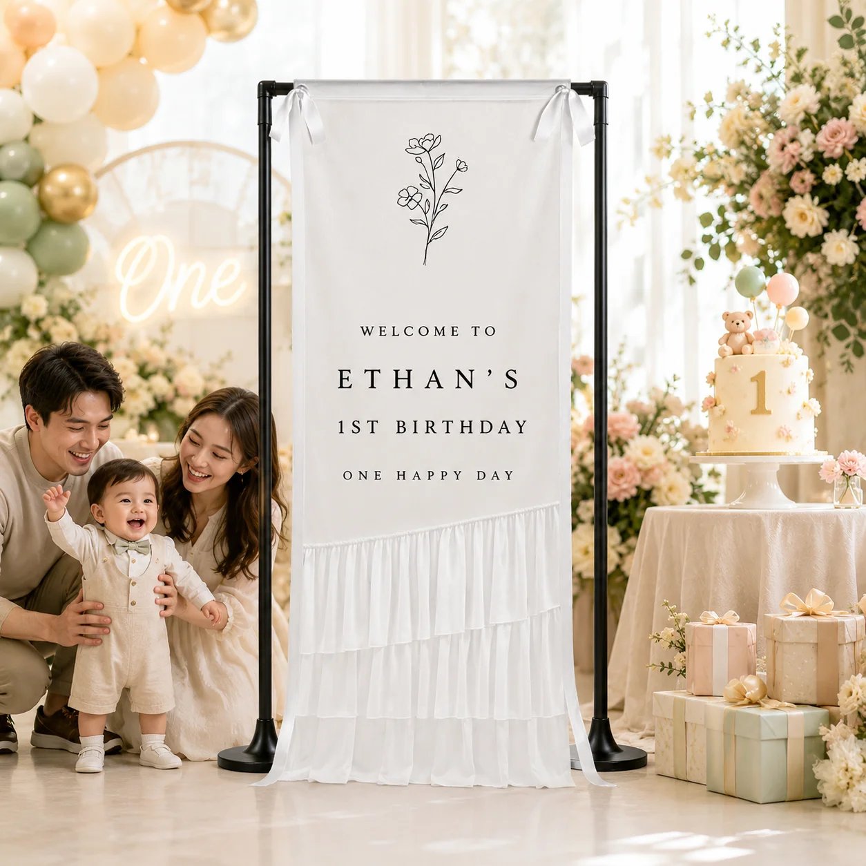 Custom Text Perforated Trailing Welcome Banner with Ribbon & Three-Layer Hem for Wedding Party Home Decor