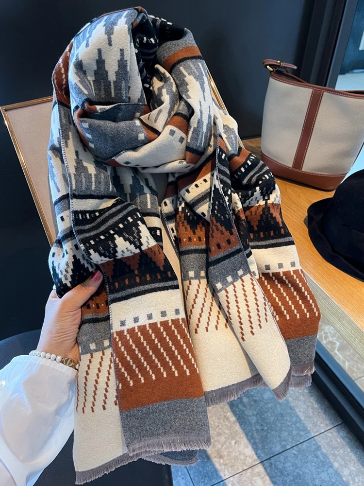 

Lovely Romantic Wavy Rhombus Imitate Cashmere Scarf Autumn Winter Women Shawl Neckerchief Double Sides