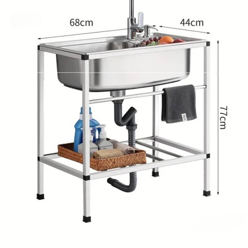 Floor-standing Stainless Steel Kitchen Sinks with Bracket Multifunction Single Wash Basin Commercial Kitchen Thick Washing Sinks