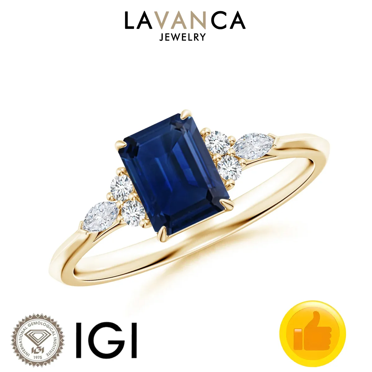 Anillo de Compromiso de Oro Amarillo de 9K/14K/18K con Zafiro Cultivado en Laboratorio en Forma de Esmeralda en el Centro y Racimo de Diamantes de Laboratorio Redondos y Marquise