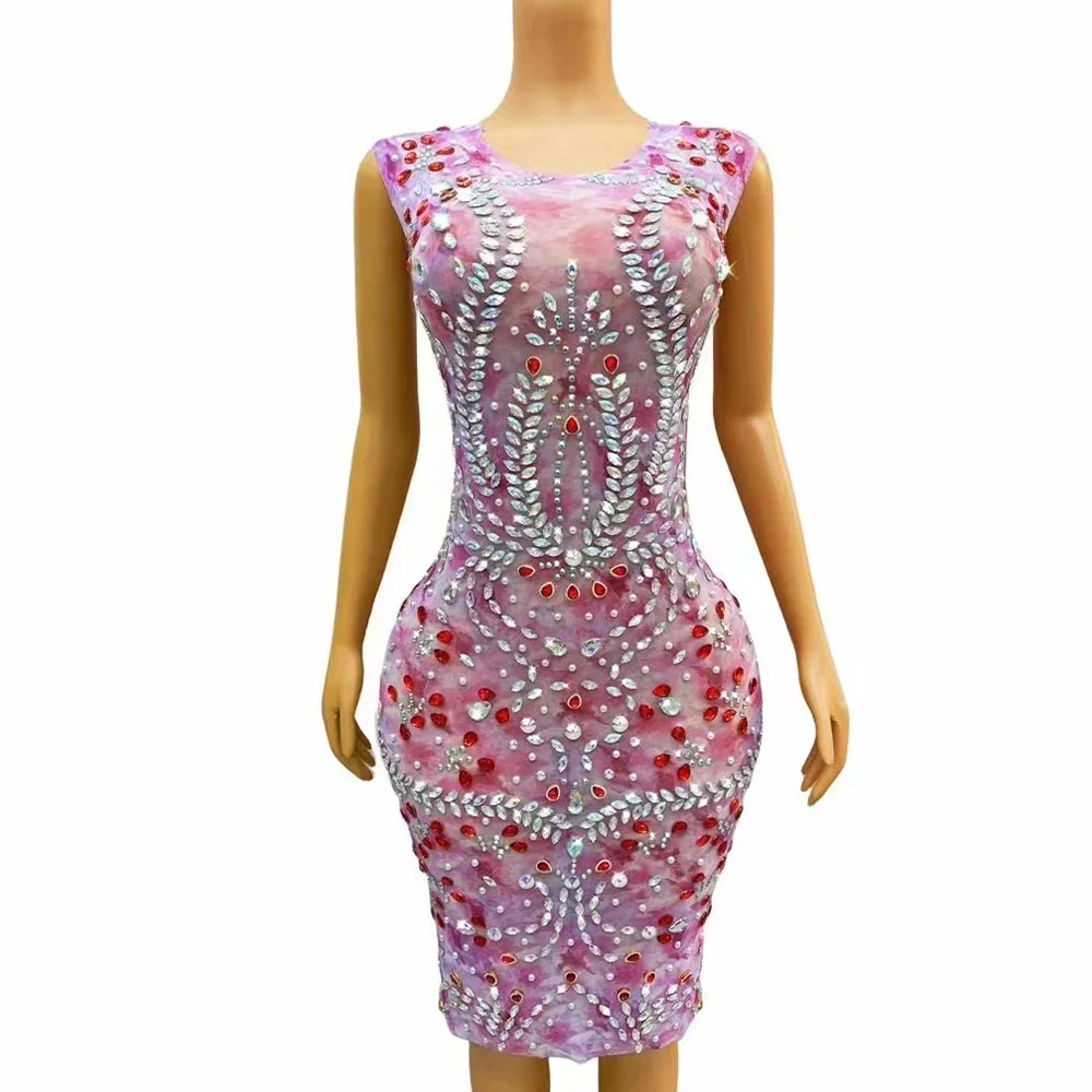 Crystals Sleeveless Outfit Birthday Party Collections Sexy Stage Pink Silver Rhinestones Shining Lovely Transparent Dress