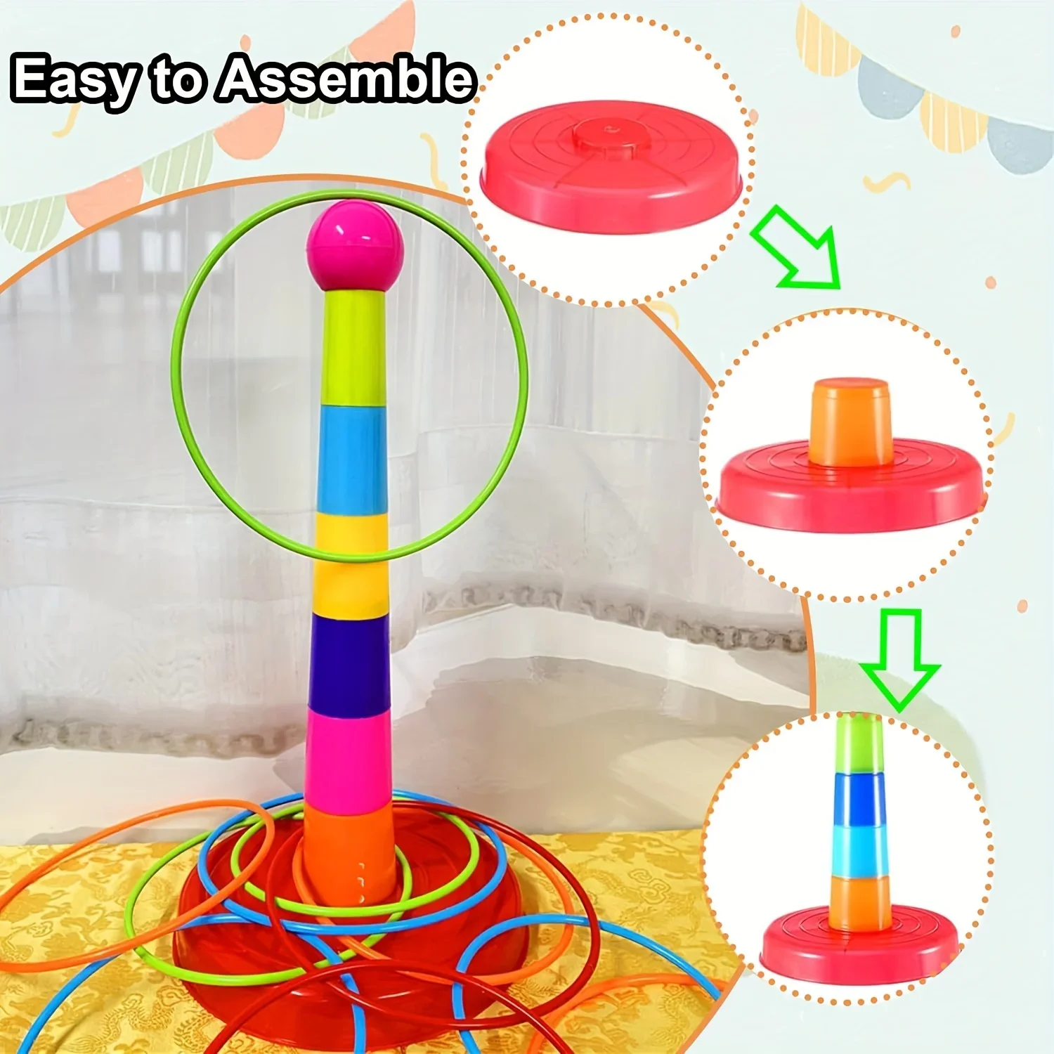 Kids Colorful Ring Toss Game Set -, Carnival Circus Throwing Fun, Includes 1 Stacking Pole & 9 Rings,Play Party Favors Christmas