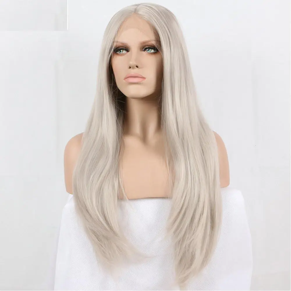

Silver Gray Synthetic Lace Front Wigs For Women With Heat Resistant Fiber Ash Blonde Long Nature Wave Hair Replacement Wig