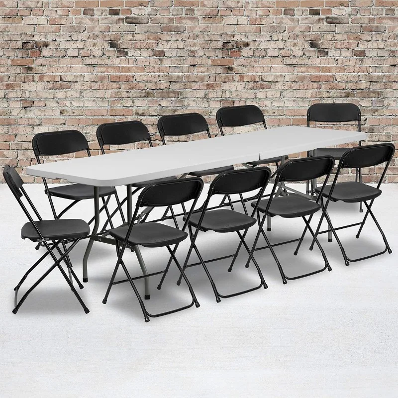 8' Plastic Bi-Fold Training Table Set with 10 Folding Chairs, 11-Piece Rectangular Folding Training Table and Chairs Set