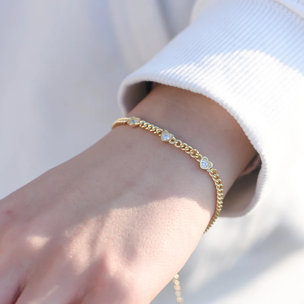 Round White Cz Curb Chain Multi-charms bracelet 925 Sterling Silver bracelet fine Jewellery
