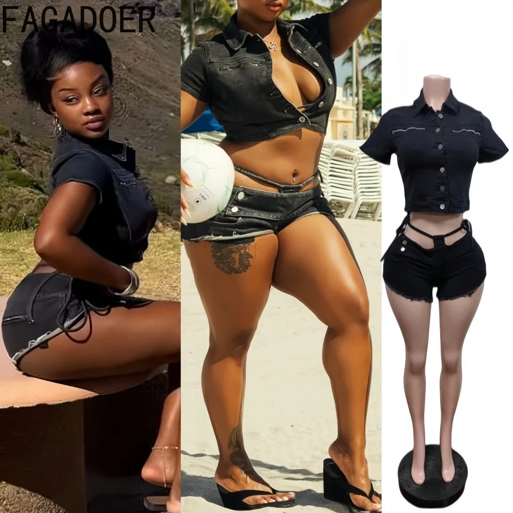 

FAGADOER Fashion Solid Color Two Piece Outfits Woman Zip Patchwork Short Sleeve Crop Top and Shorts Matching Female Streetwear