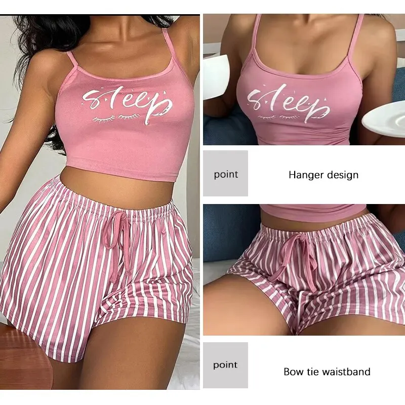 Sexy Summer Women Pajamas Set Sleepwear Cotton Home Clothes Tops And Shorts Cute Soft Sleeveless Nightwear For Female