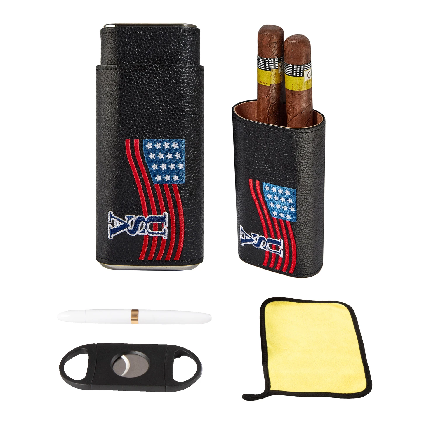 4 in 1 Cigar Accessories Set Black Leather Cigar Box Three Finger Portable Cigar Box Luxury Cigar Box with Cigar Knife Gift