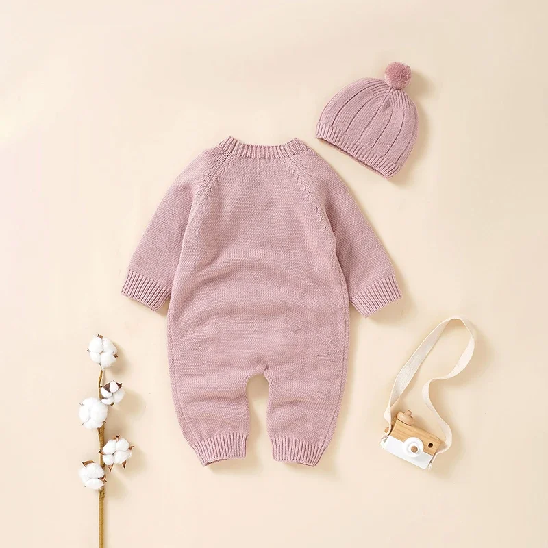

Baby Knit Jumpsuit Set Long Sleeve Crew Neck Button Closure Solid Romper with Hat