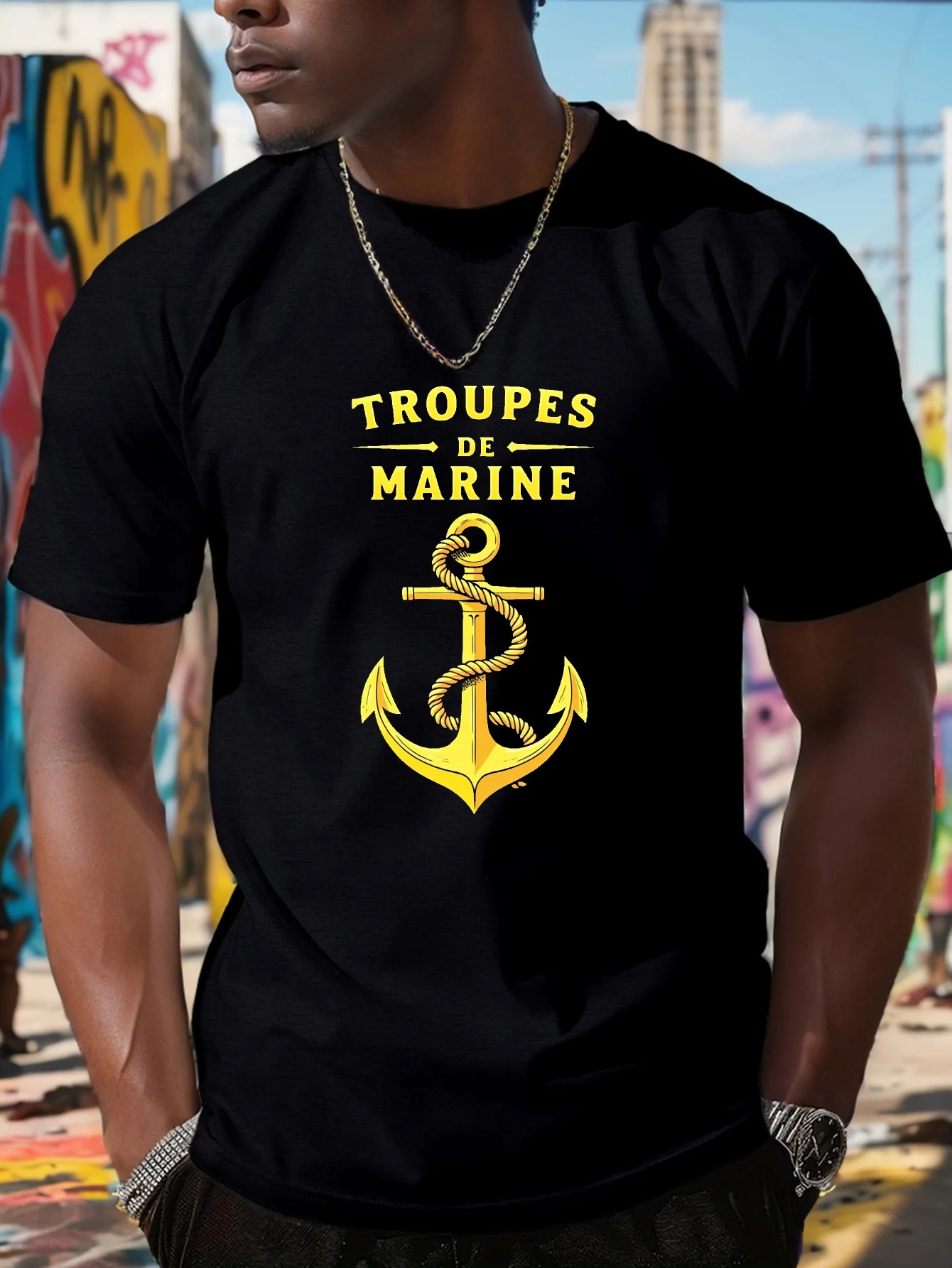 

"TROUPES DE MARINE" Marine Corps Golden Anchor Design T-Shirt 100% Cotton O-Neck Short Sleeve Summer Casual Mens T-shirt