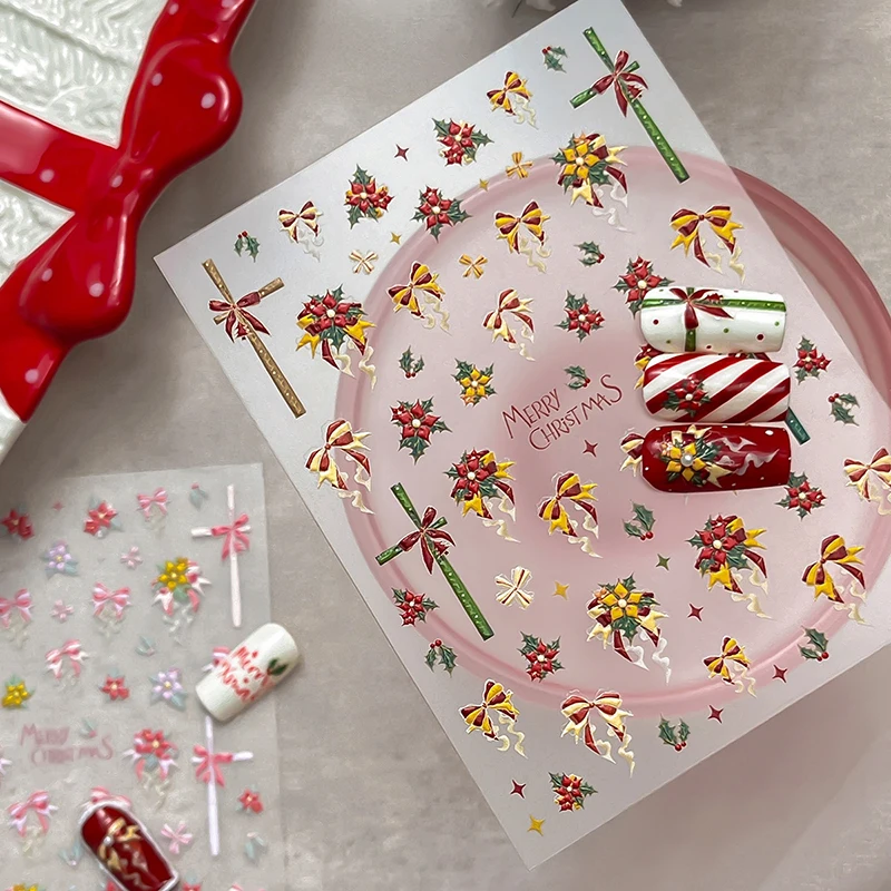 1 Arkusz Naklejek na Paznokcie z Motywem Świątecznym Kokardki, Naklejki Kawaii do Zdobienia Paznokci, Akcesoria DIY na Nowy Rok, Naklejki do Manicure