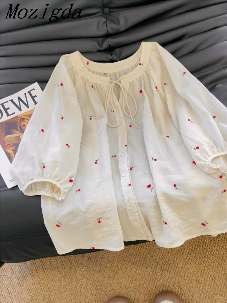 

Korean Sweet Bow Tie Cherry Printed Sunscreen Shirt Women's Summer Thin Air Conditioning Hoodie French Ladies Tops