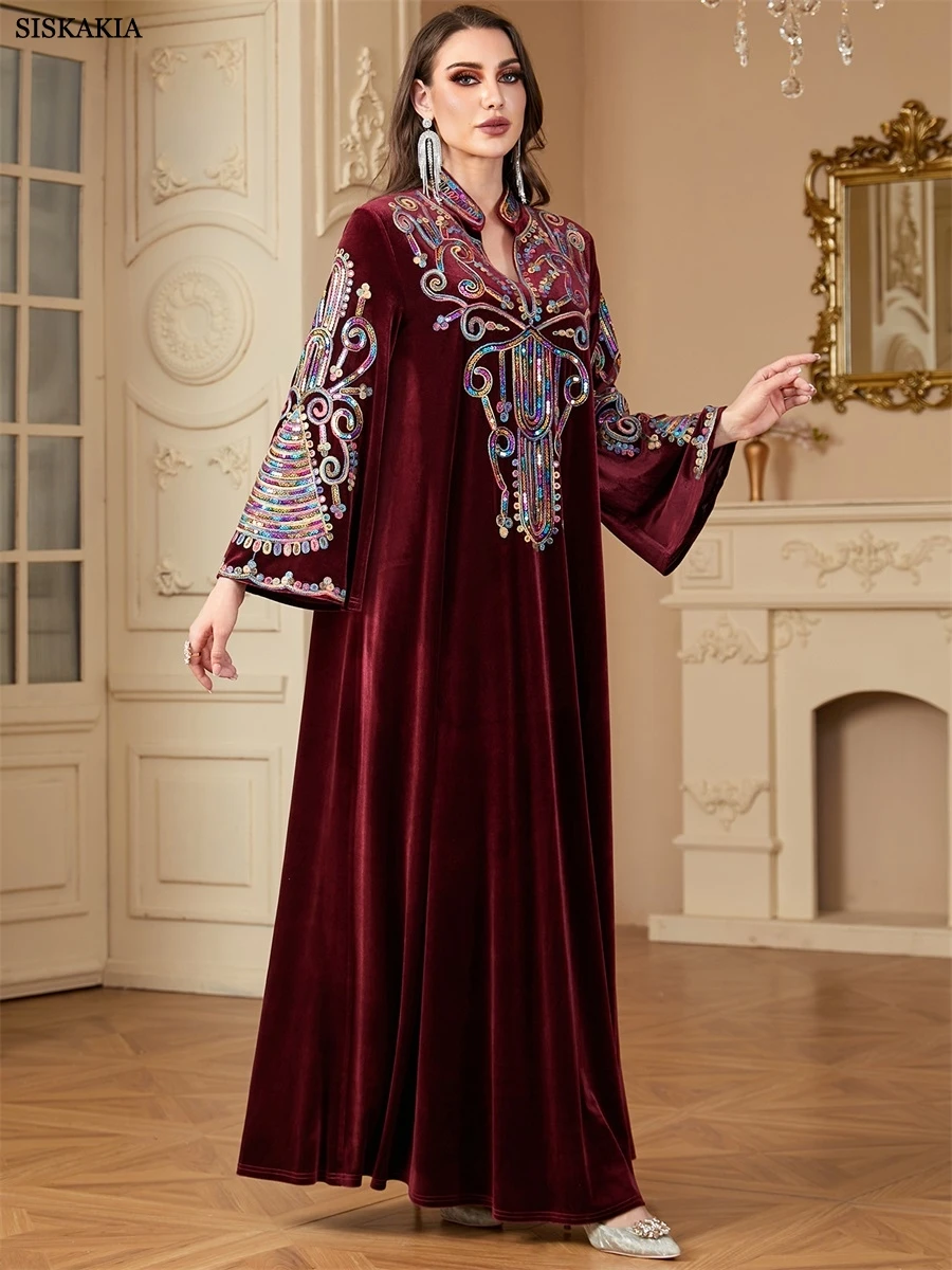 Siskakia Ramadan Muzułmanki Cekiny Patchwork Abayas Dubaj Złote Aksamitne Sukienki Marokańskie Eleganckie Casualowe Kebaya