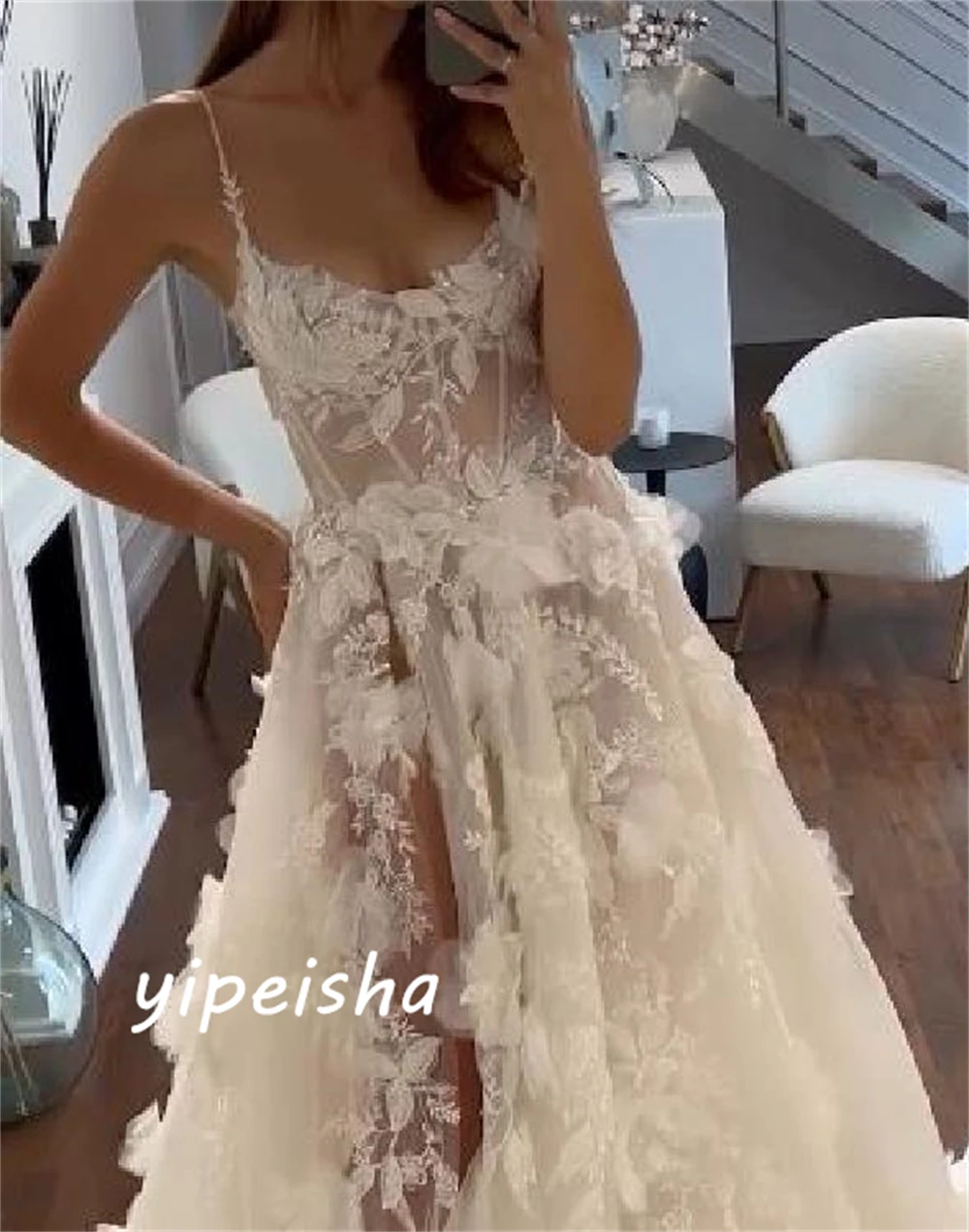 Berkilau indah kualitas tinggi Tulle terbungkus Pleat Applique Natal A-line tali Spaghetti Bespoke acara gaun panjang