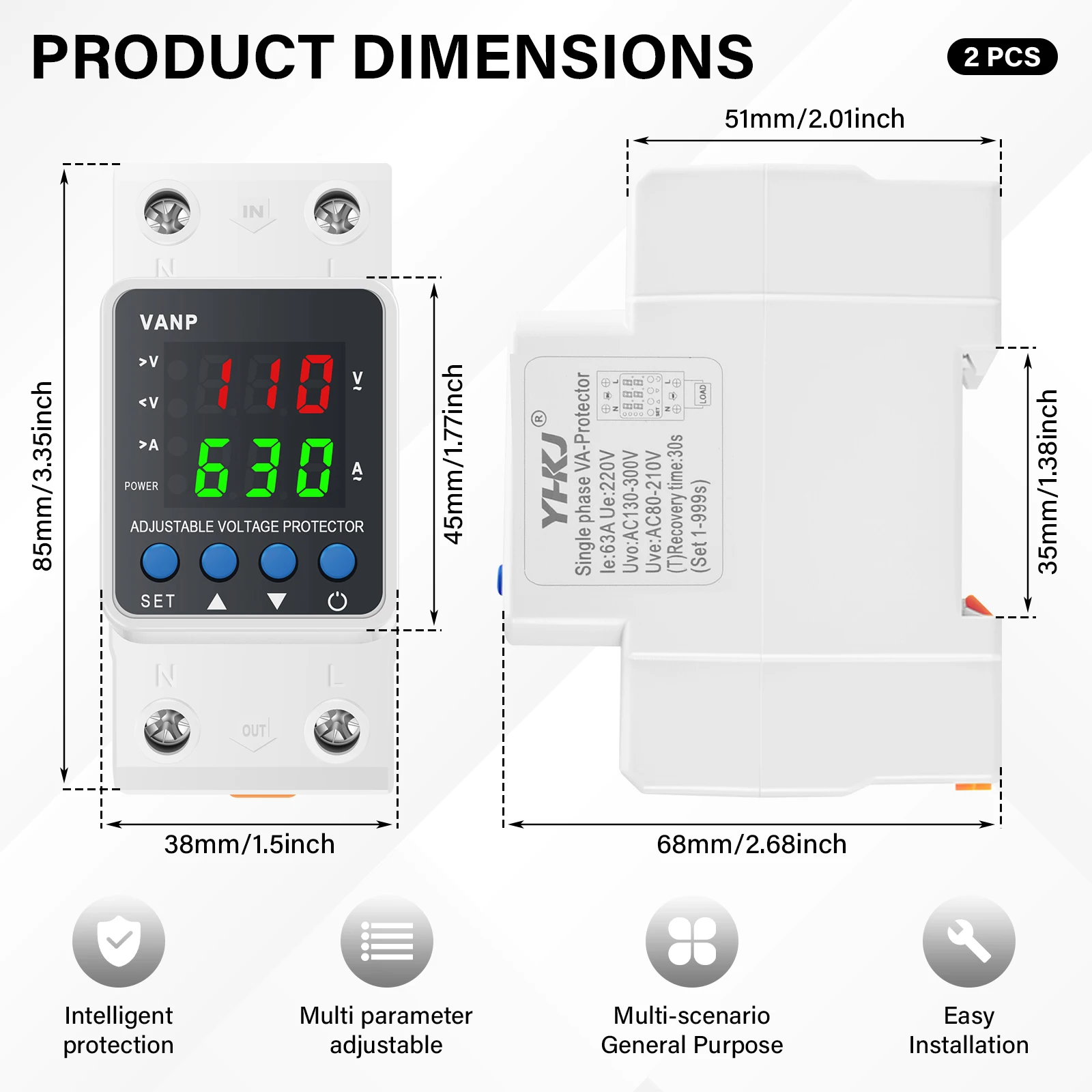 Adjustable Voltage Protector 40A 63A Over Under Voltage Relay AC220V DC300V Din Rail Digital Current Protective Device For Home