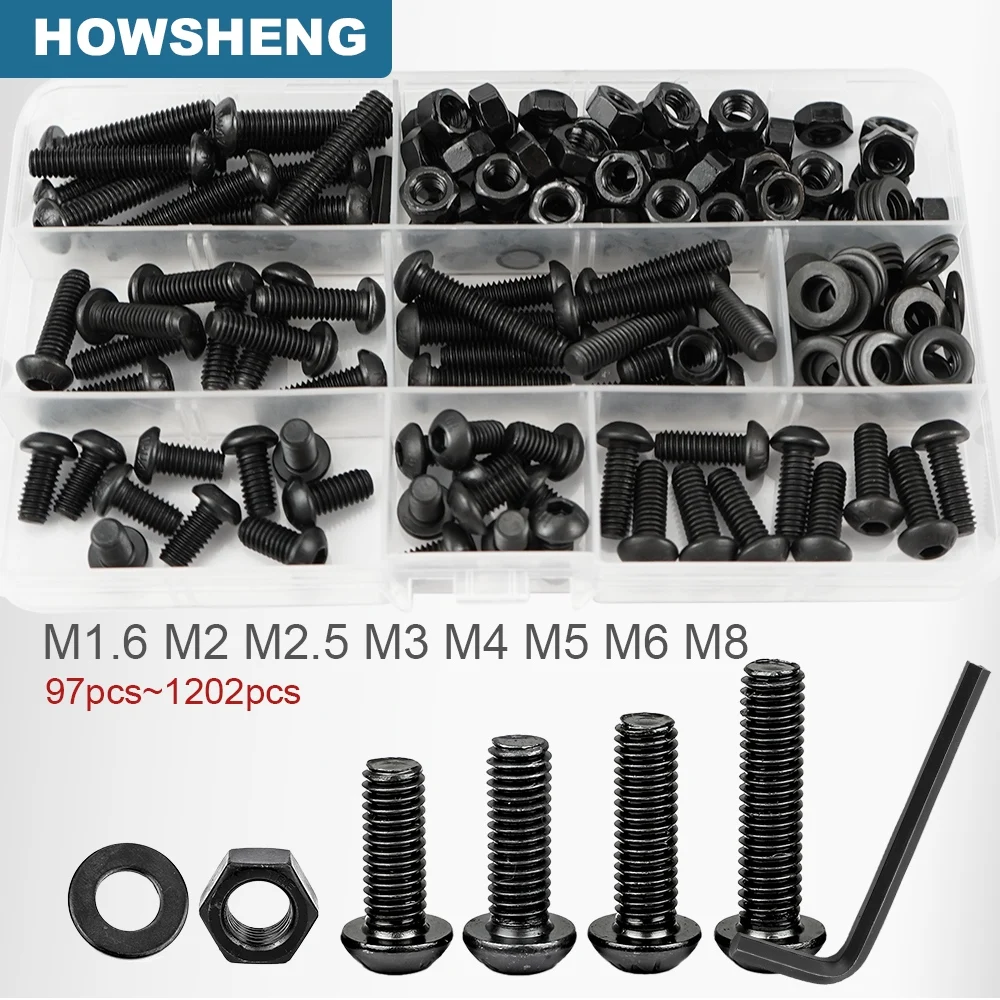 M1.6 M2 M2.5 M3 M4 M5 M6 M8 Hex Socket Button Head Screw Nut Washer Set Black 12.9 GradeAllen Round Head Bolts and Nuts Kit