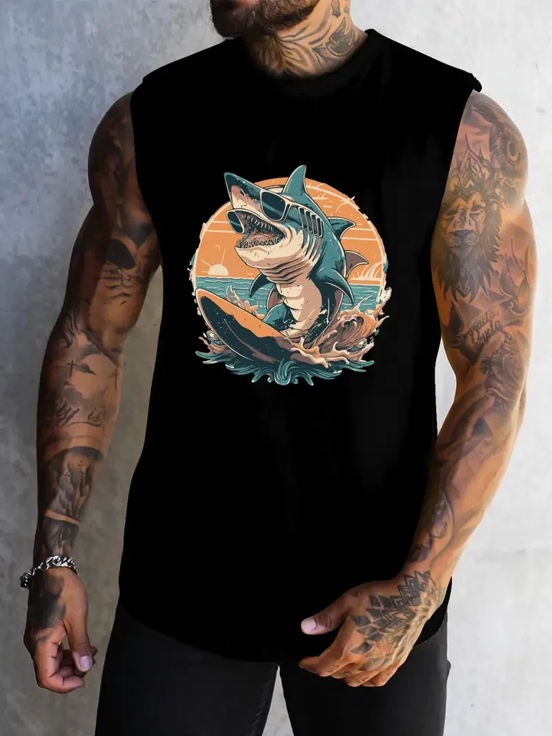 

Men's Vest Cute Shark Print Sleeveless Round Neck T-Shirt 3D Printed Daily Sports Fitness Fashion Sleeveless Clothing S-3Xl