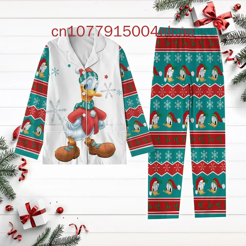 2025 New Disney Donald Duck Christmas Pajamas Set 3D Printed Casual Men's and Women's Long Sleeve Shirt Pajama Set