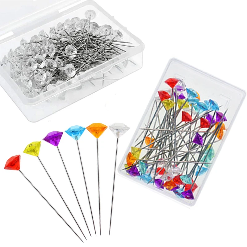 50Pcs/Box Crystal Head Sewing Pins Acrylic Pearl Bouquet Pins Diamond Head Pins for Dressmaking Quilting Straight Pins