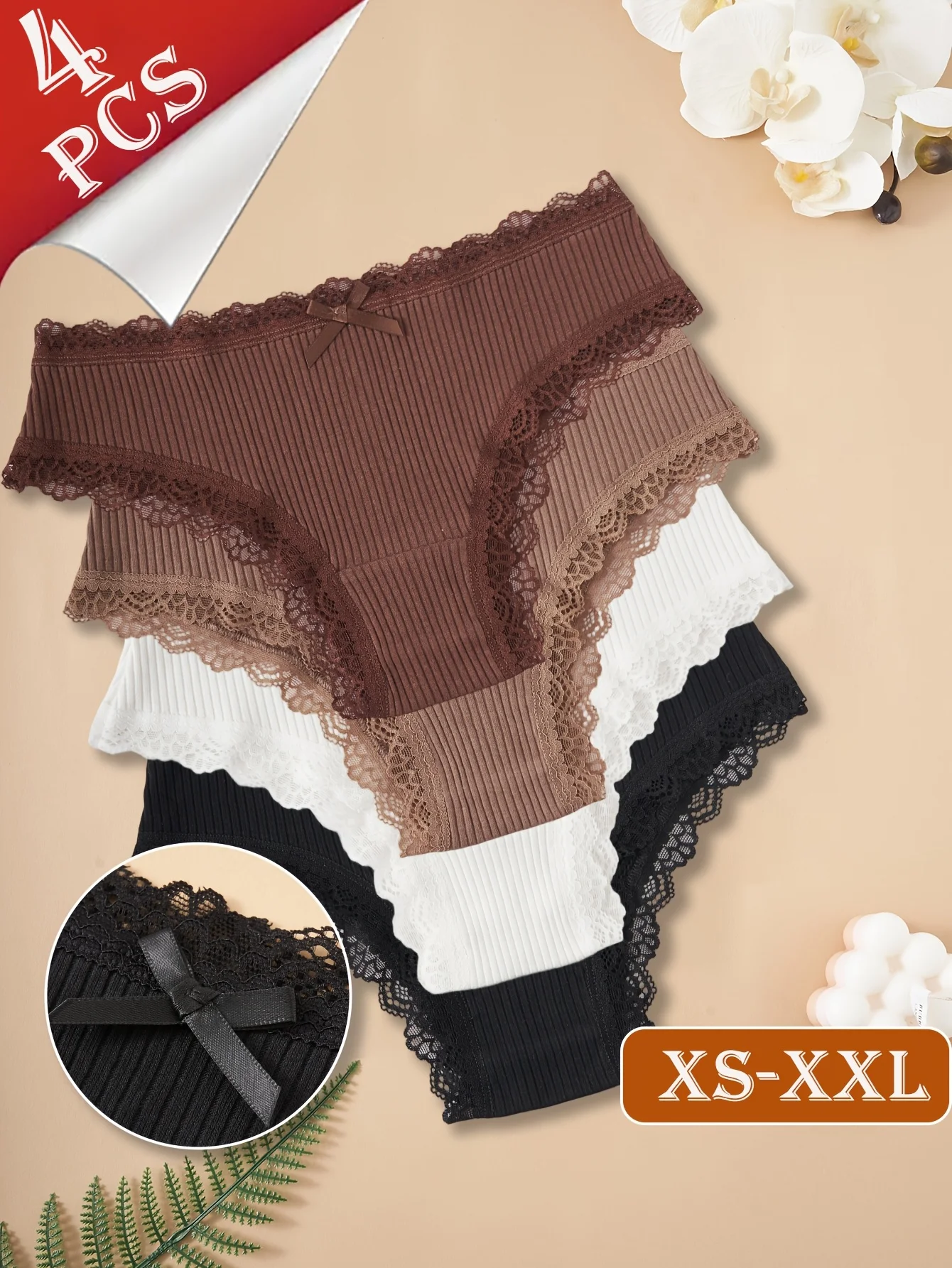 4pcs Women's Lace Panties with Lace Detailing, Bow Decorations, Striped Design, Comfortable And Skin-Friendly, Everyday Lingerie