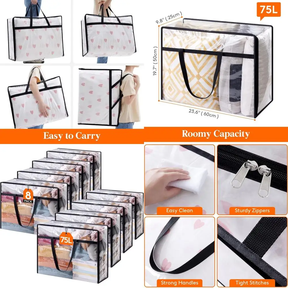 

Set of 8 Large 75L Clear Plastic Storage Bags for Blankets, Comforters, Bedding, and Pillows with Zipper Closure