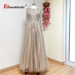 Elegant Muslim Beads Wedding Evening Dress for Women 2024 O Neck Long Sleeves Aine Crystal Formal Prom Party Gowns Customized