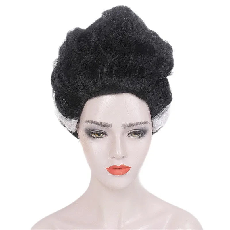 Halloween Gothic Spooky Bride Wig Black White Mixed Vintage Updo Curly Synthetic Hair Wig for Women Cosplay Fancy Dress Party