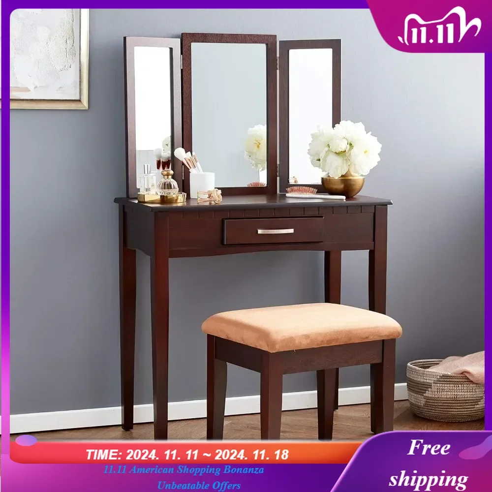 

Frenchi Furniture Wood 3 Pc Vanity Set Dressers Makeup Tables Vanity Table with Drawers Dressing Table Bedroom