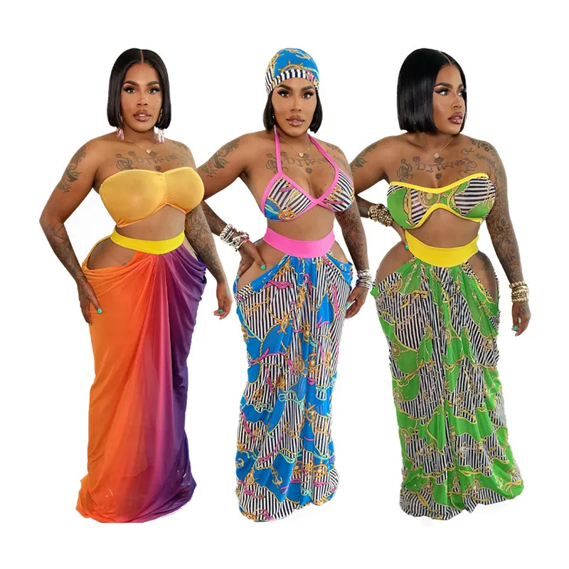

New Fashion Printed Women Two Piece Set Sexy Strapless Crop Top Long Skirts Holiday Beachwear Bikinis Swimsuits Dropshipping