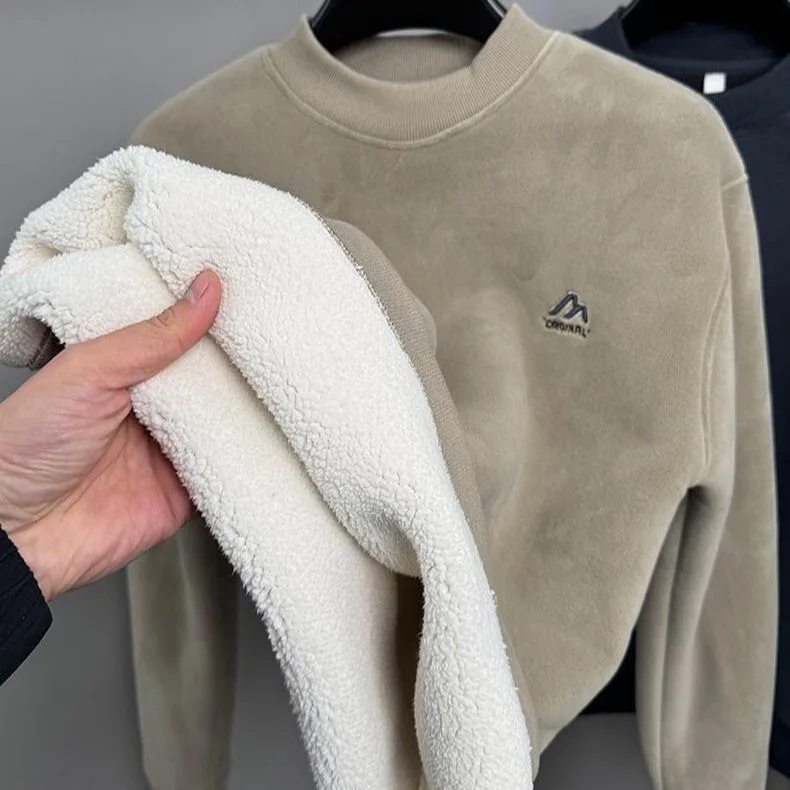 Men's Fleece Lined Ultra Thick round Neck Sweatshirt Winter Warm Base Layer Shirt Integrated Fleece Standard Fit Long Sleeve ...