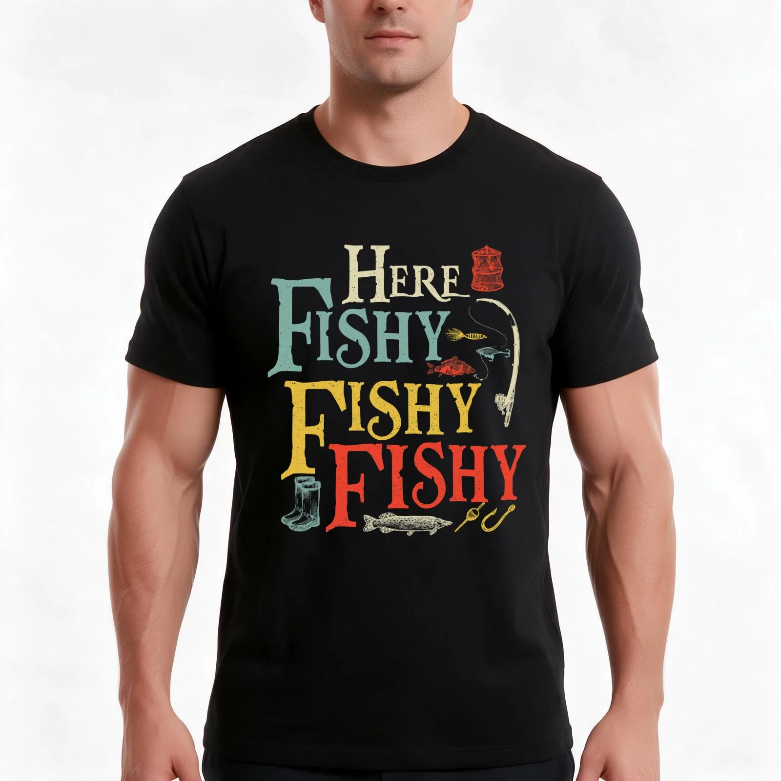 Here Fishy Fishy Fishy T-Shirt, Summer Casual Cotton Tee, Oversized Streetwear Tops, Vintage Graphic Print, Unisex Men Women