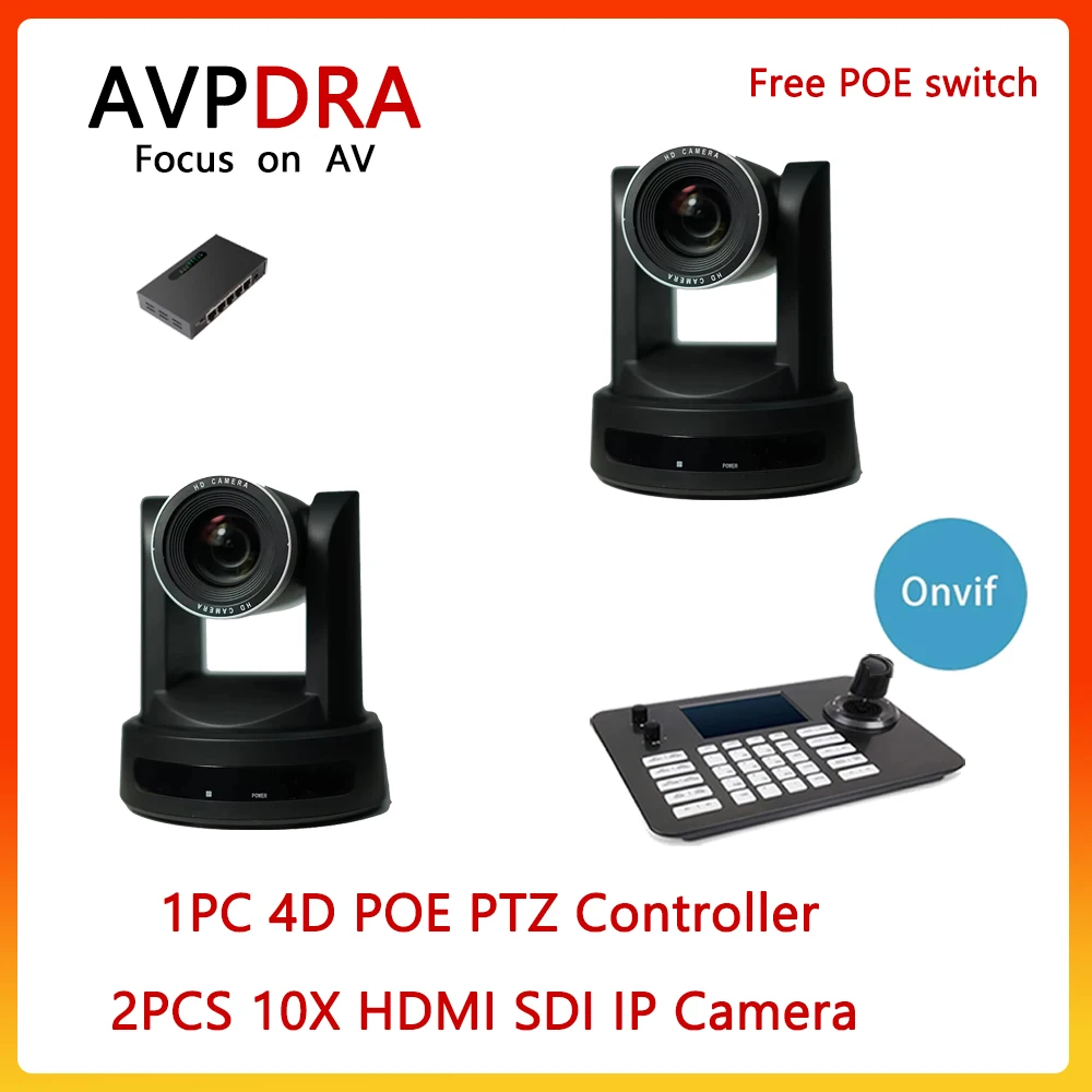 Free Shipping AVPDRA 2pcs HDMI SDI PTZ Camera 10X Zoom HDMI IP + 4D POE Joystick Controller For Church Business Meeting