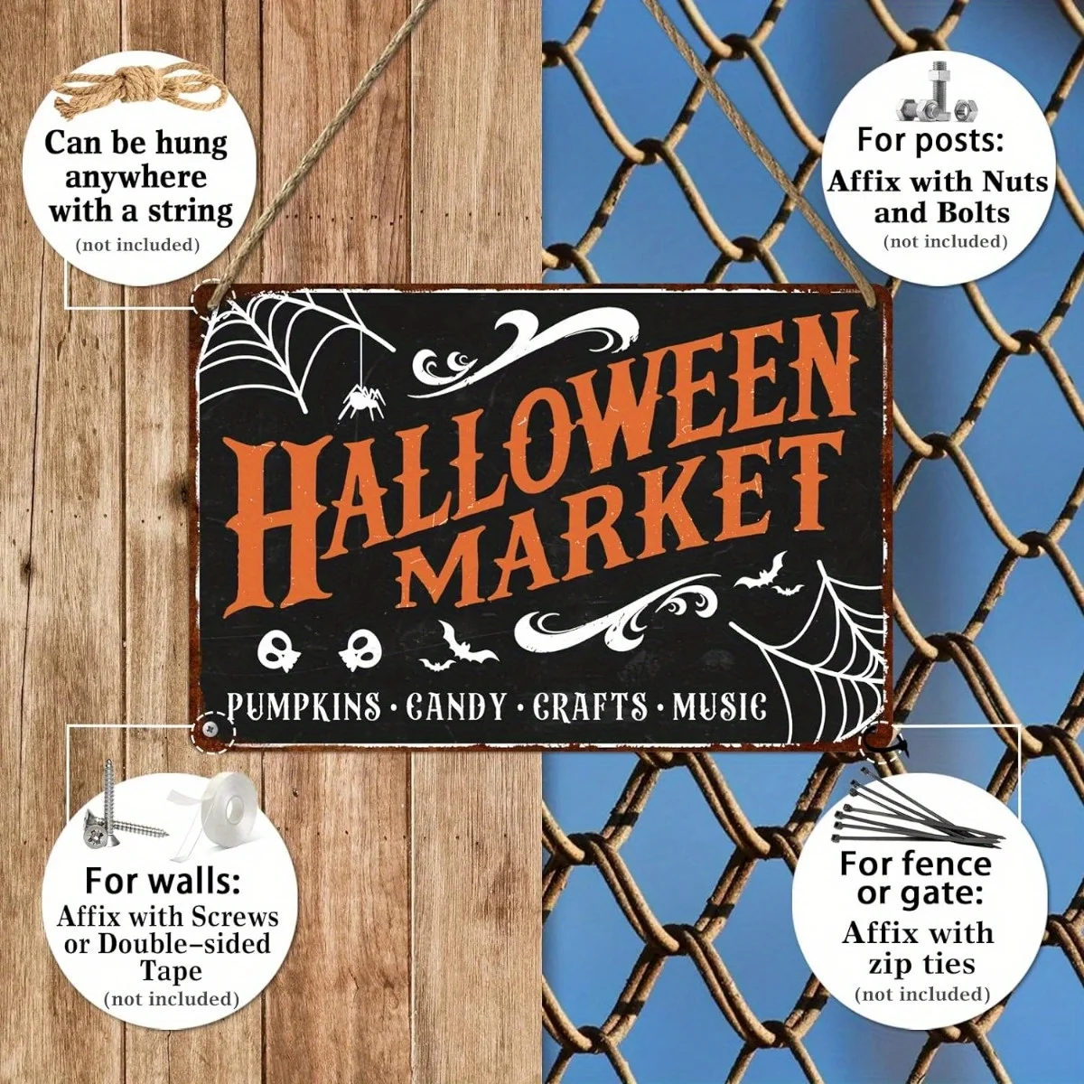 Vintage Halloween Market Metal Tin Sign - Creepy Witch, Pumpkin, Ghost Decor for Home, Office, Haunted House and Party - UV Resistant, Waterproof, Pre-drilled Holes for Easy Hanging - Multi-purpose Wall Decor, 8 x 12 Inches
