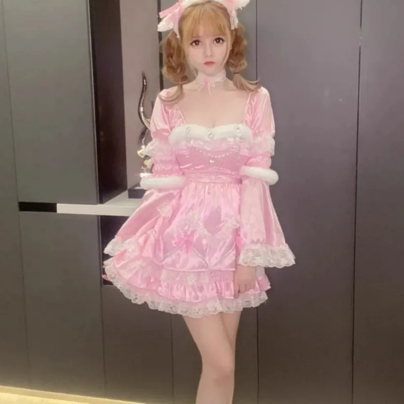 

Sexy Girl Pink Long Sleeve Satin Lolita Dress Sissy Cross-dressing Dress Maid COS ABDL Lace Ruffle Sweet Princess Fluffy Dress