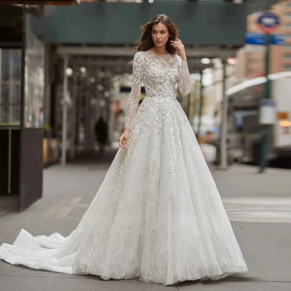 

Customized Elegant A Line Wedding Dress Lace Appliques Long Sleeve High Neck Beaded Bridal Gown for Women's Vestidos De Novia