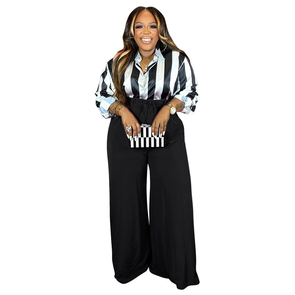 

WSFEC L-4XL Two Piece Sets Women Outfits 2023 Plus Size Women Clothing Fall Long Sleeve Stripe Shirt and Wide Leg Pant Suits