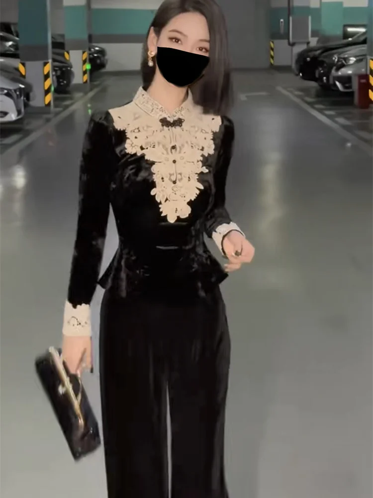 2025 Autumn/Winter New Fashionable and Exquisite Design Sense Color Contrasting Lace Splicing Top and Pants Set for Women