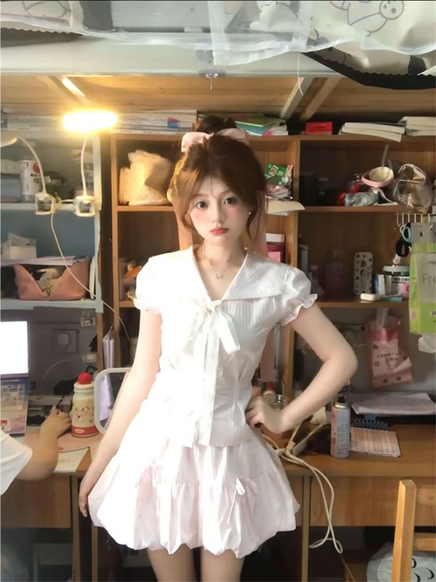 

Pink Bloom High Waist Skirt And Short Sleeve Shirt with Knot Bubble Sleeve Two Piece Set Elegant And Gentle Style