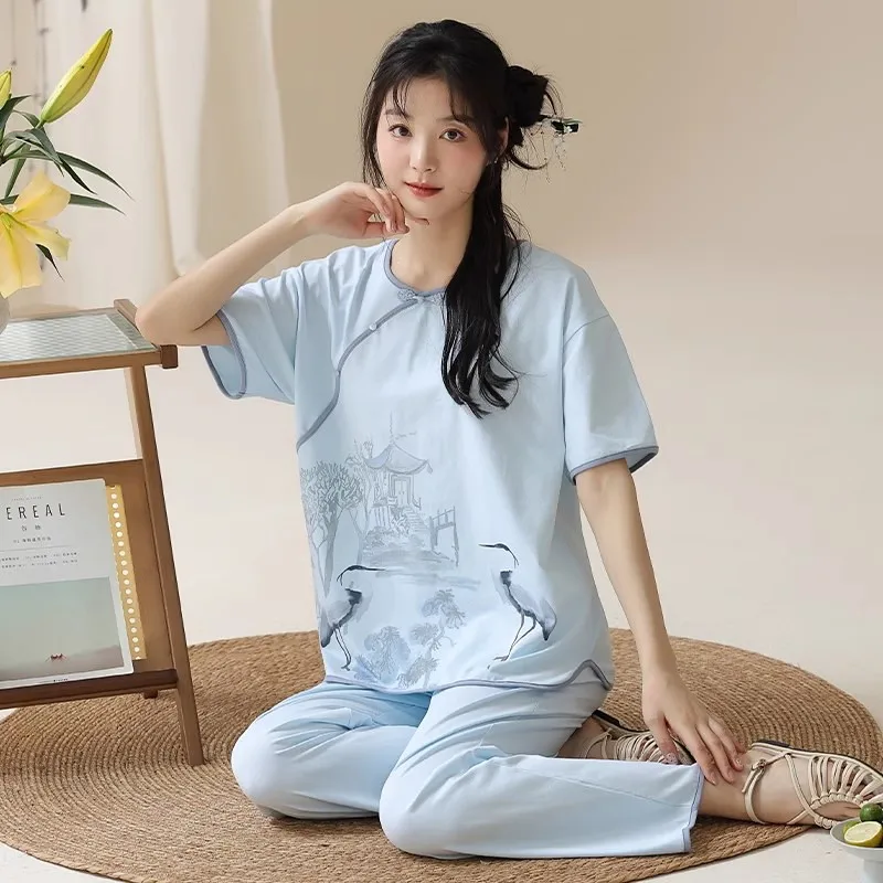 Women's Short Sleeved Pants Set Summer Pajamas New Chinese Style Cotton Home Clothes Retro Print Lounge Sleepwear Pijama Suit