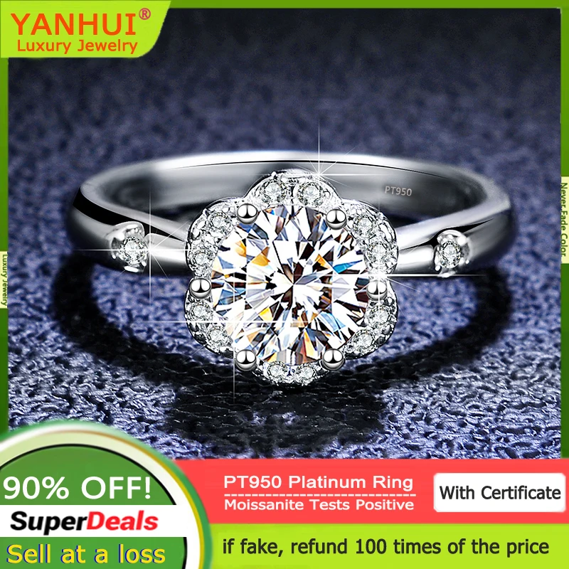 YANHUI Luxury PT950 Platinum Ring Round VVS1 D Color 1 Carat Moissanite Diamond Wedding Band Rings for Women Fine Jewelry MPR003