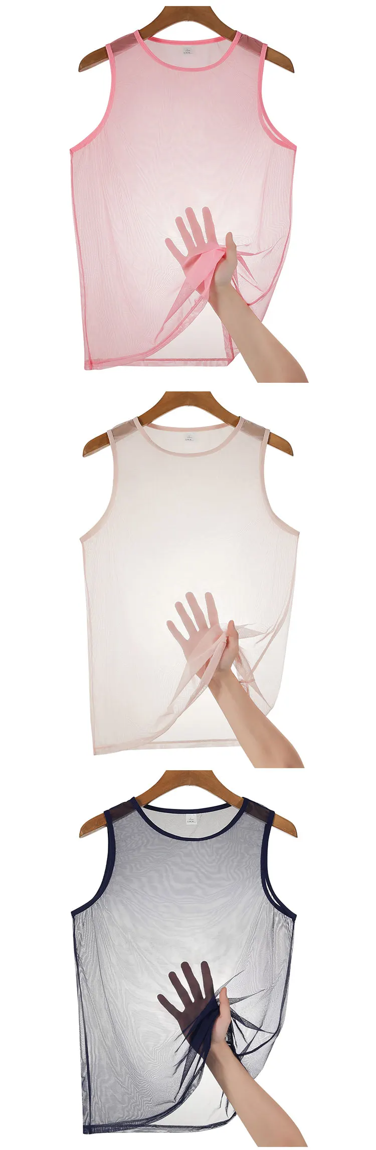 Durchsichtiges, dehnbares, ärmelloses Tanktop aus Mesh für Herren mit Rundhalsausschnitt, atmungsaktiv, weich, leicht, sexy Unterhemd – Detail 7