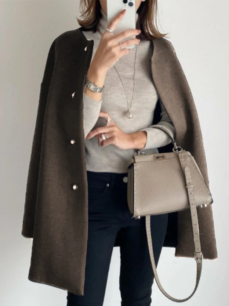 Japan Style Office Lady Elegant Solid Wool Coats Loose Casual Covered Button Jacket Autumn Winter All-match Blends Outwear