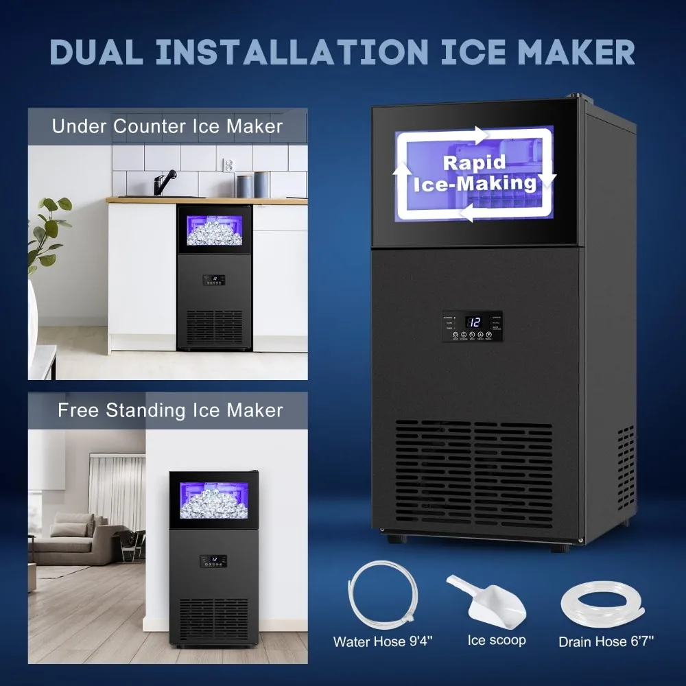 HAOYUNMA Upgraded Commercial Ice Maker 130LBS/24H with 35LBS Storage Bin, 15" Wide Frosted Black Undercounter/Freestanding