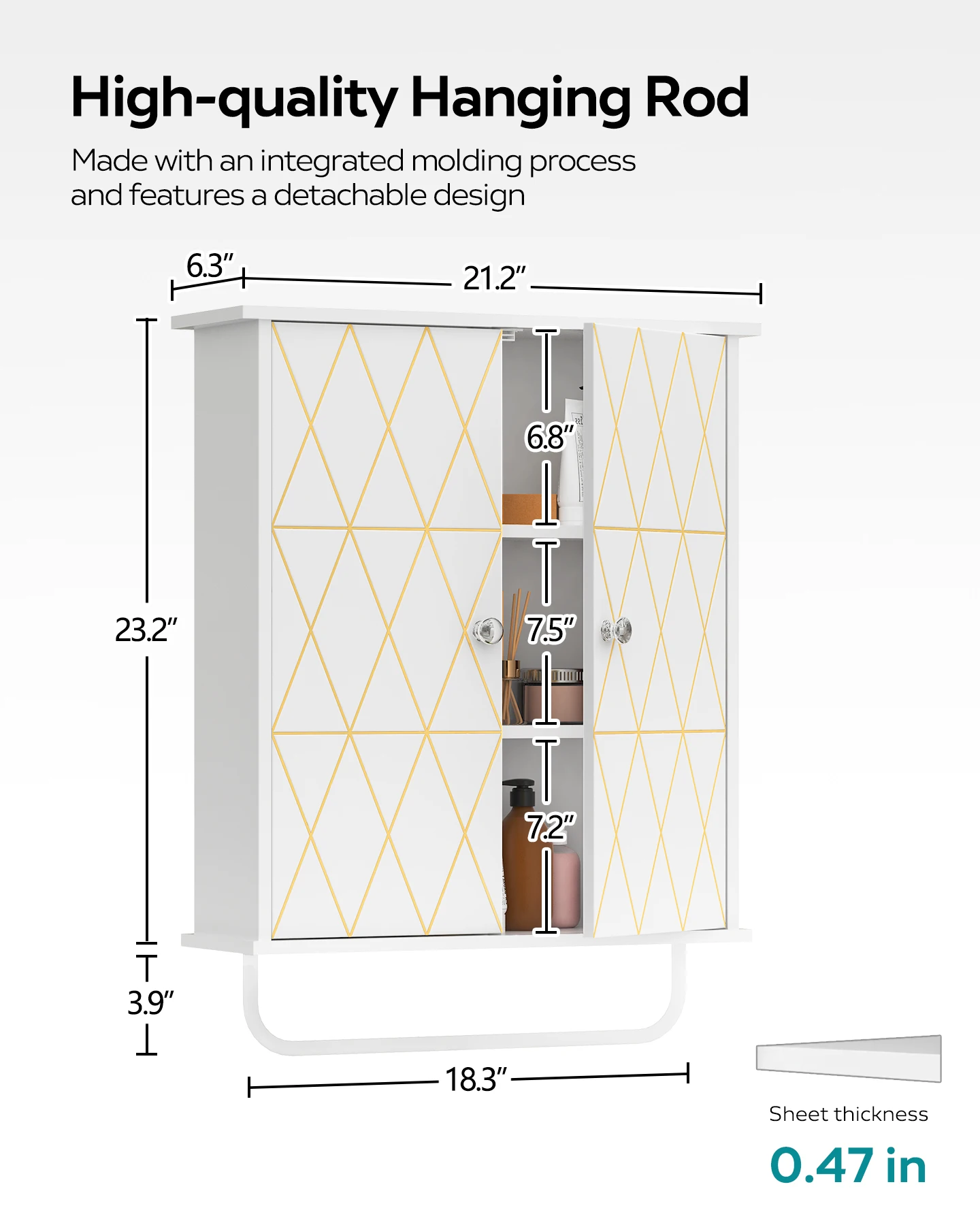 Bathroom Wall Cabinet Storage Cabinet Above Toilet, Bathroom Cabinet with Gold Decoration, Adjustable Shelves Cabinet White