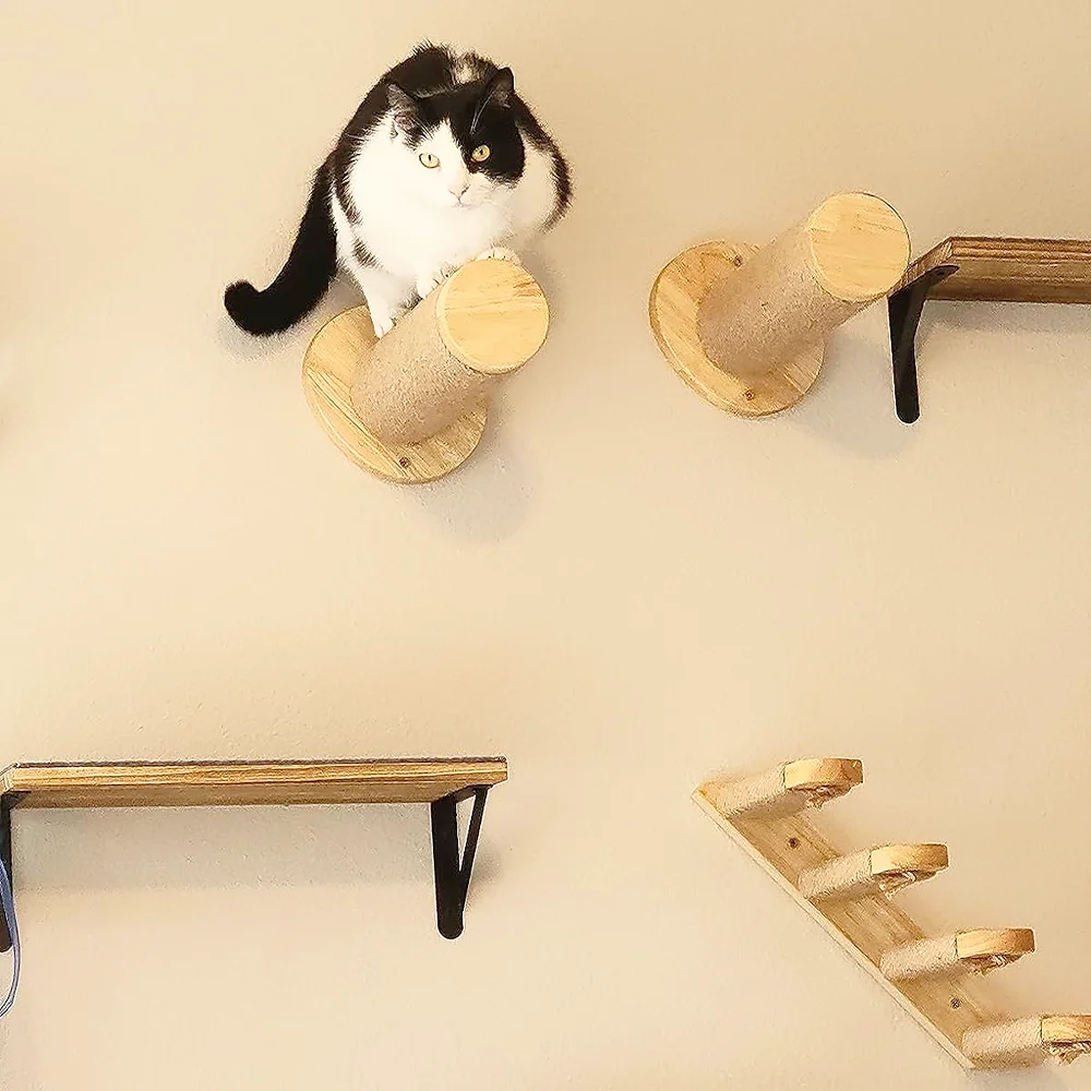 Wall Mounted Cat Hammock Moon Shaped Wooden Ladder Scratching Post Wall Pet Furniture for Cat Playing and Sleeping