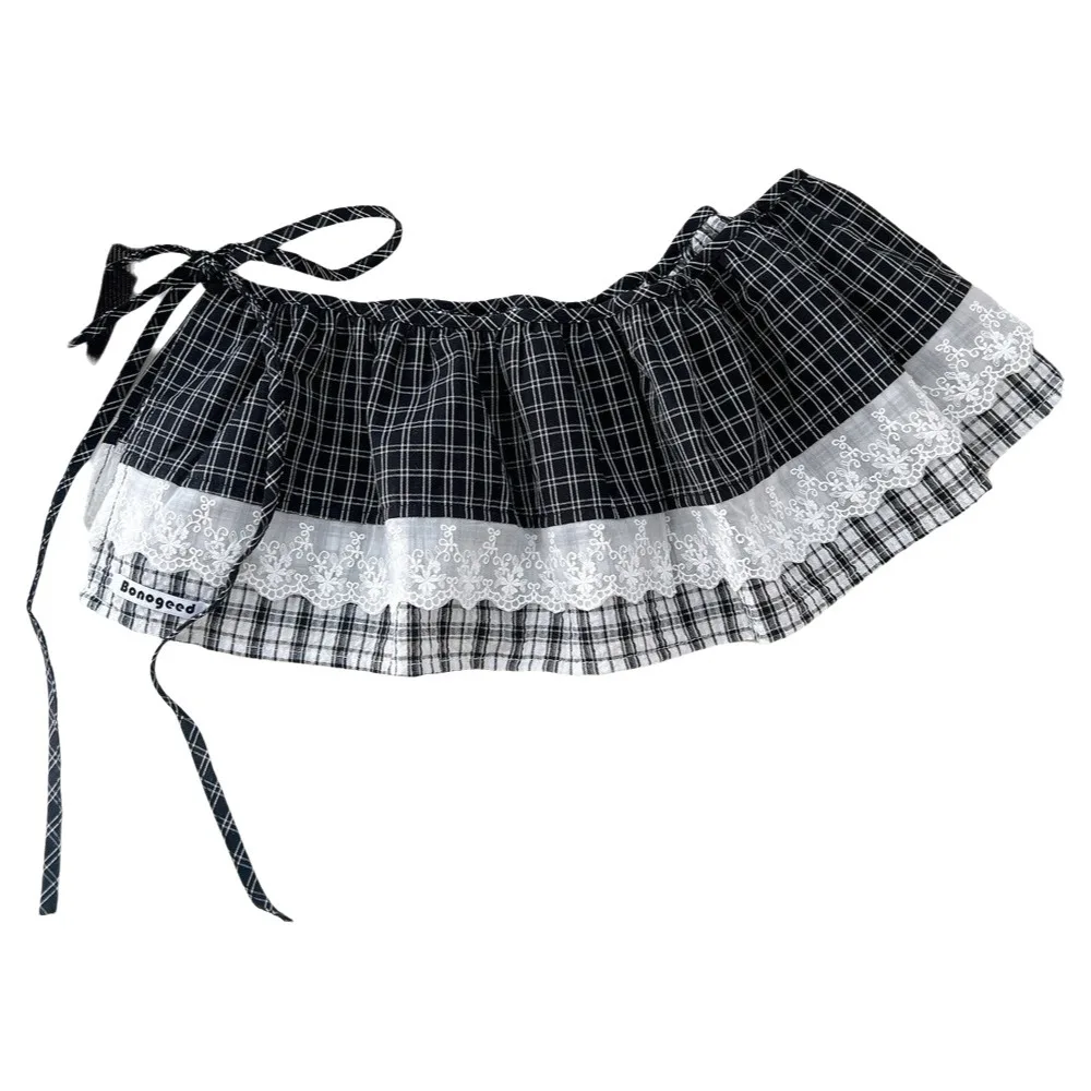 エレガントなバレエコアチェック柄ファートカーテン韓国風スタックレースミニスカート牧歌的なスタイルハイウエストバットカーテンストリートウェア