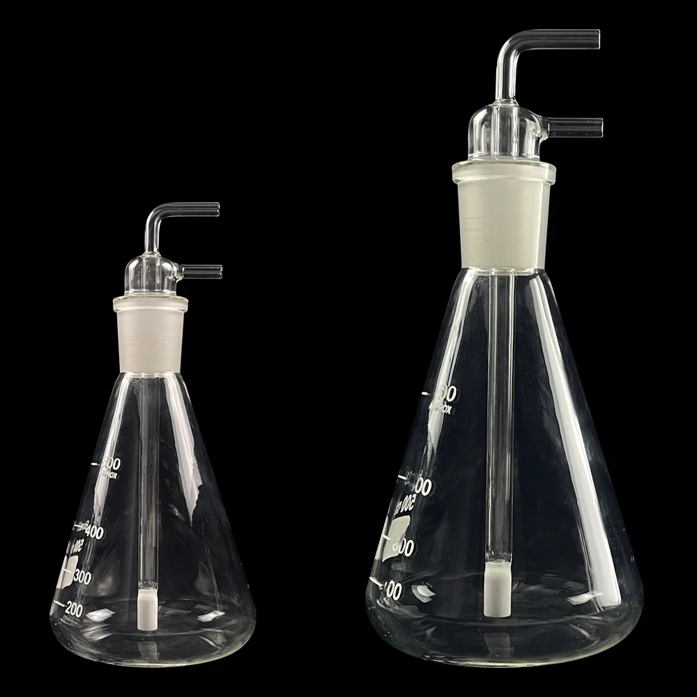 Botella de vidrio con burbujeador para agua y aceite de ozono con botella de lavado de gas triangular con burbujeador de vidrio